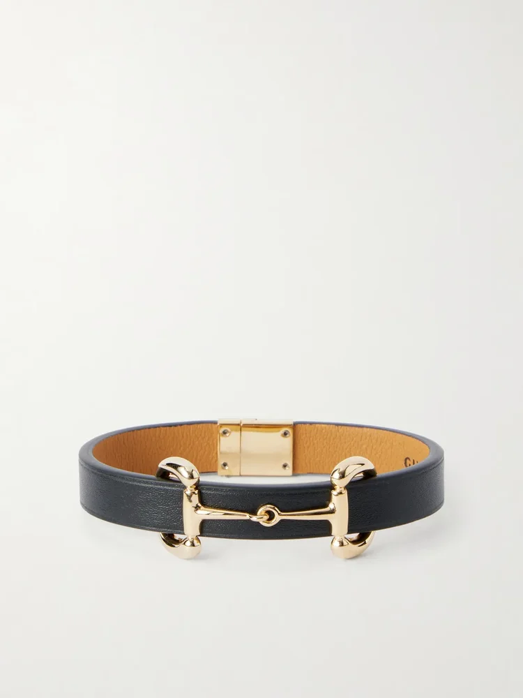 Horsebit-Embellished Gold-Tone and Leather Bracelet