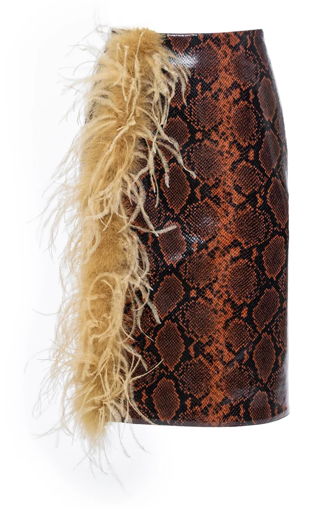 Embellished Snake-Embossed Knee-Length Skirt