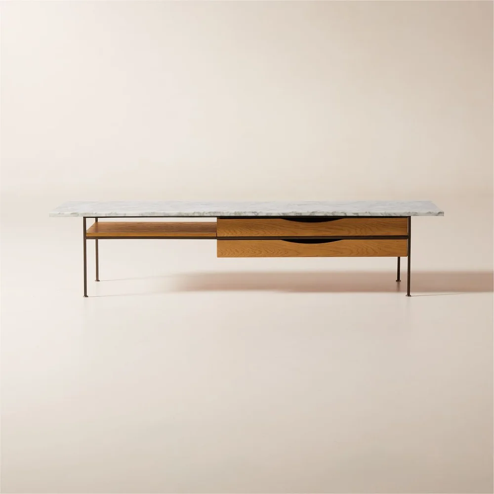 Irwin 72" White Marble and Natural Oak Coffee Table by Paul McCobb