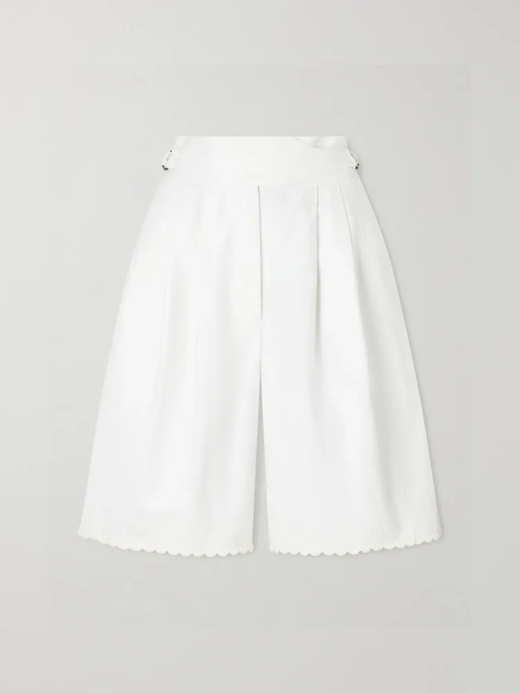 Closerie belted scalloped embroidered cotton-poplin shorts
