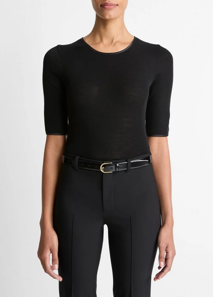 Satin-Trim Wool Elbow-Sleeve T-Shirt
