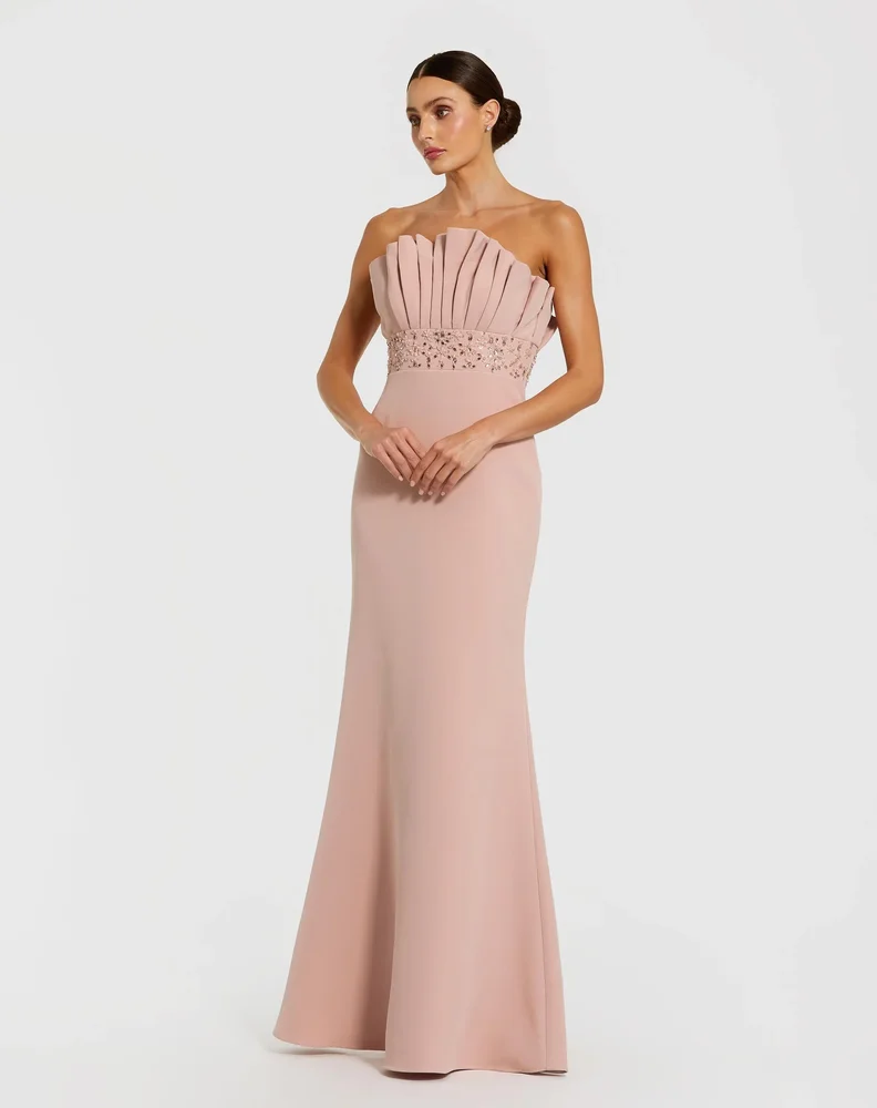 Pink Strapless Crepe Gown With Crystal Embellishments