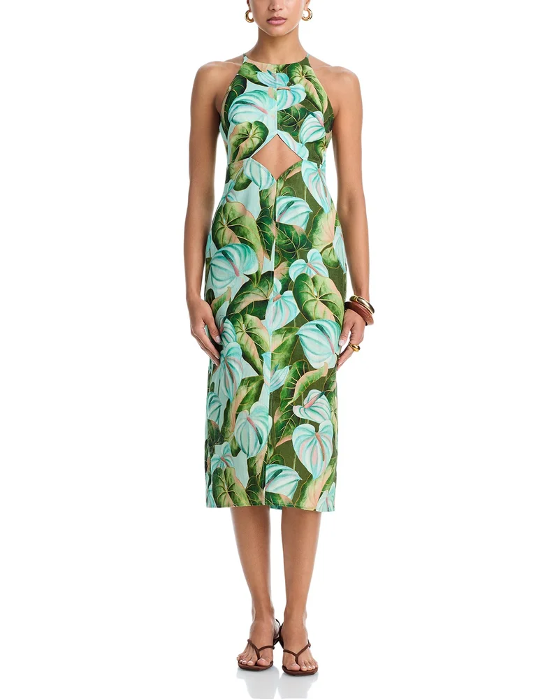 Anthurium Leaves Linen Midi Dress