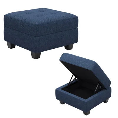 Buckleton Linen & Velvet Upholstered Storage Ottoman, Footstool of Sectional Sofa
