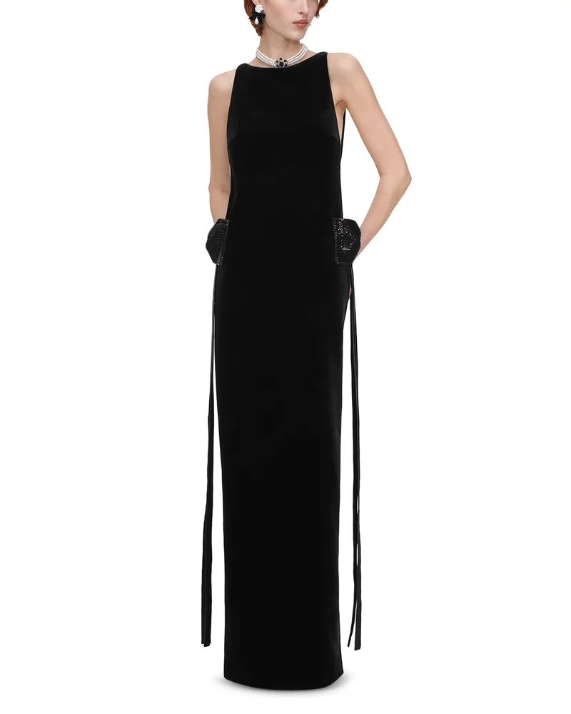 Embellished Bow Trim Velvet Gown