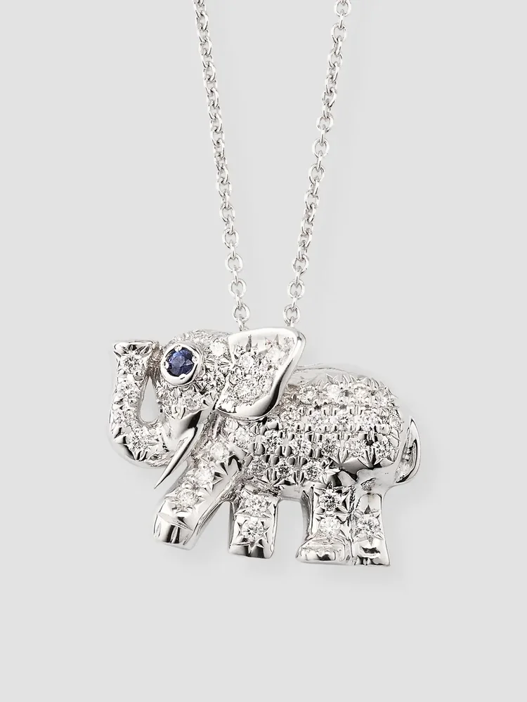 18K White Gold, 0.19 TCW Diamond & Blue Sapphire Elephant Pendant Necklace