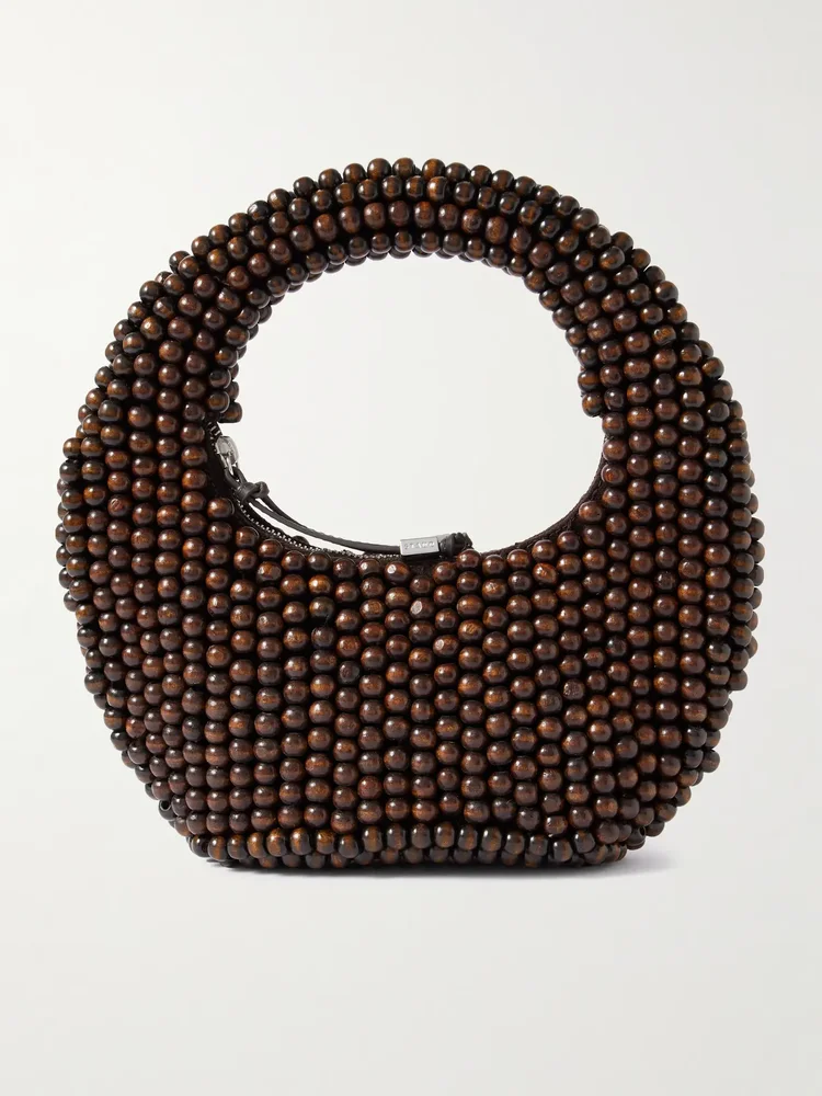 STAUD Reef leather-trimmed beaded wood tote