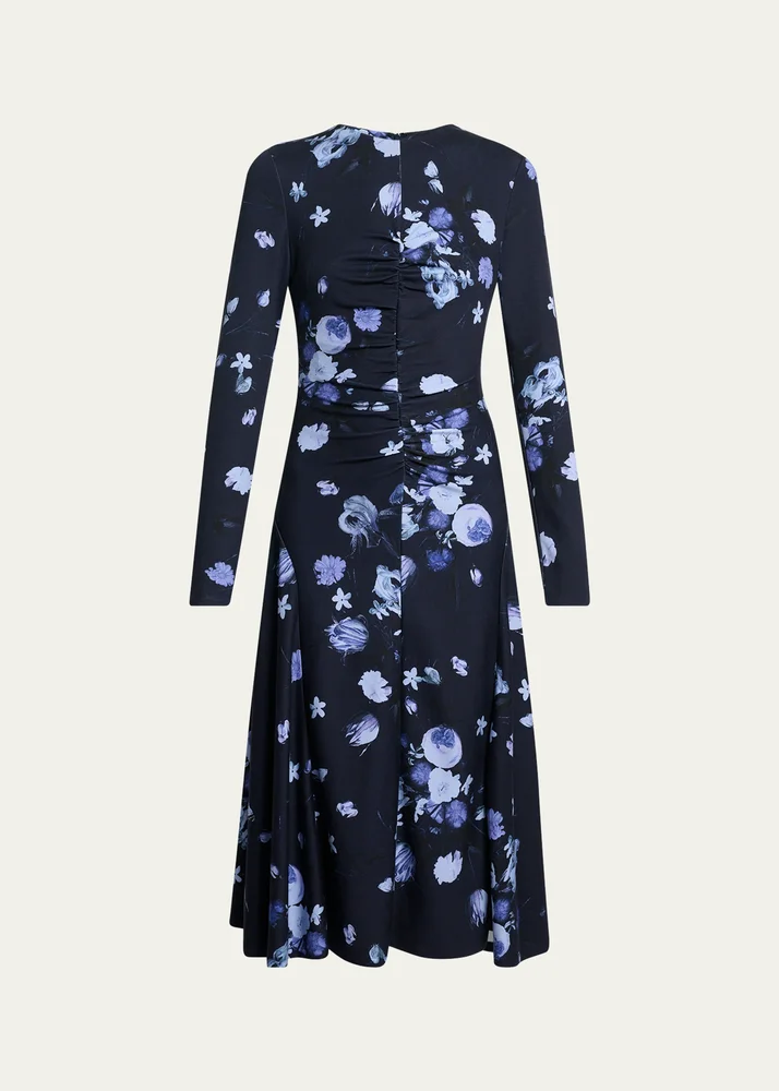 Floral Gathered Long-Sleeve Midi Dress