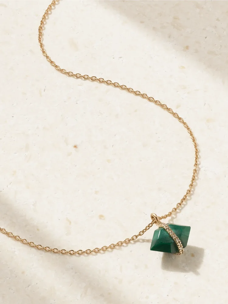 14-karat recycled gold, malachite and Herkimer diamond necklace