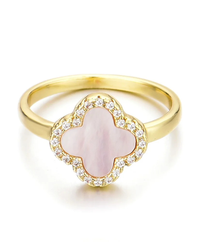 Gold Mother of Pearl Cubic Zirconia Halo Clover Ring