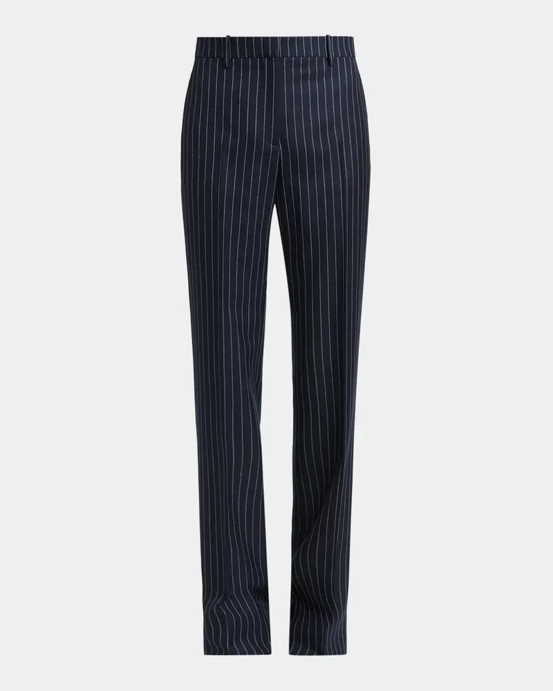 Corded Chalkstripe Wool Tailored Straight-Leg Boyfriend Pants