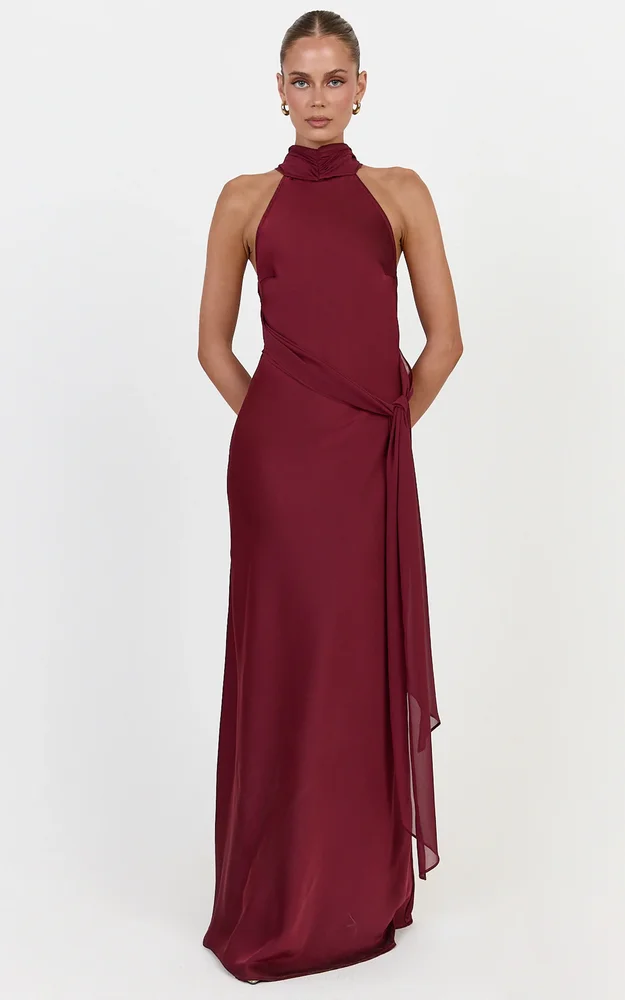 Kess Maxi Dress, Low Back High Neck Crossover Hip Sash Dress in Wine