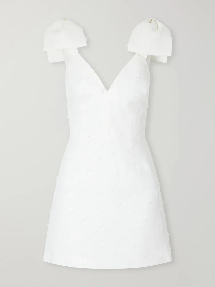 Mariee bow-detailed embroidered crepe mini dress