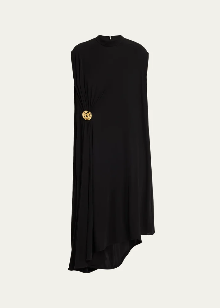 Mock-Neck Gathered Jersey Asymmetric Midi Dress