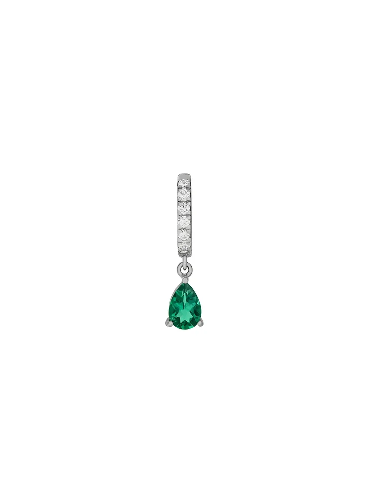 Pavé Pear-Drop Huggie Earring in Lab Emerald, Sterling Silver
