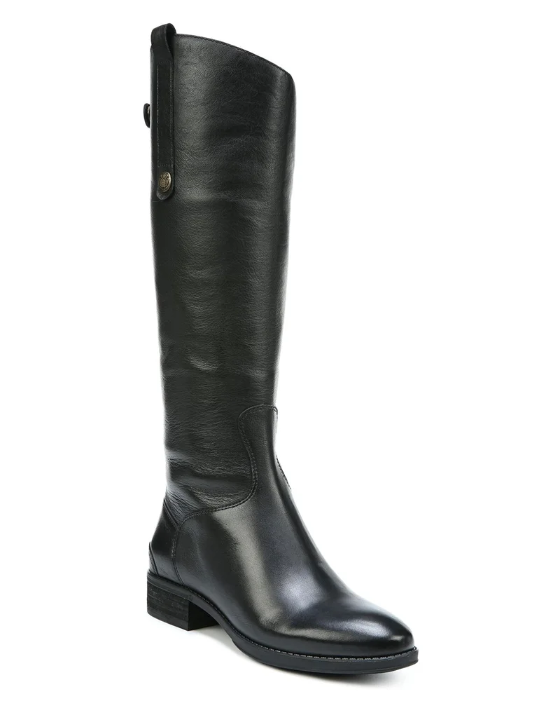 Wide Calf Penny Round Toe Leather Low-Heel Riding Boots