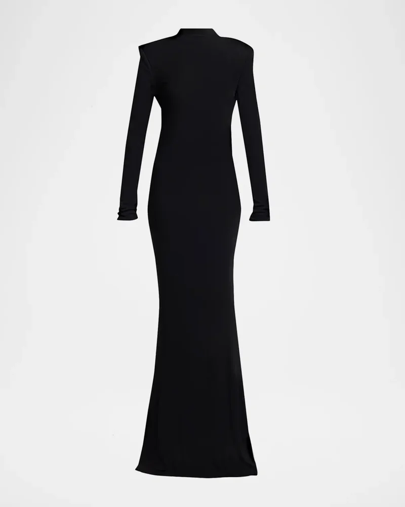 Mock-Neck Strong-Shoulder Cutout Gown