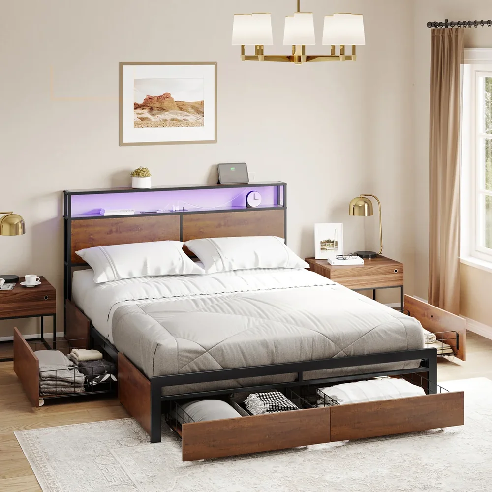 Antioch Queen Bed with 4 Drawers and Open Storage Headboard, Adjustable LED Light and Charging Station, No Box Spring Needed