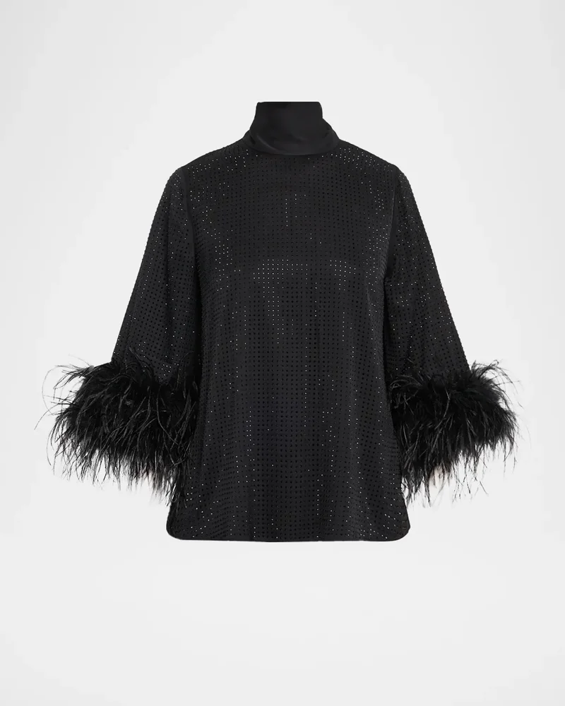 Claire Strass Feather-Cuff Turtleneck Blouse
