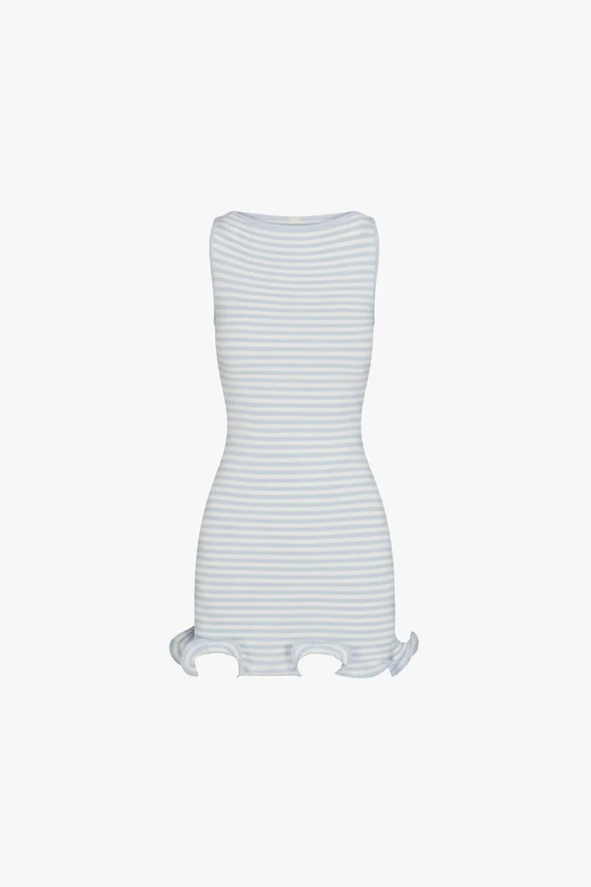 Ruffle Hem Tank Mini Dress (Pale Blue Stripe)