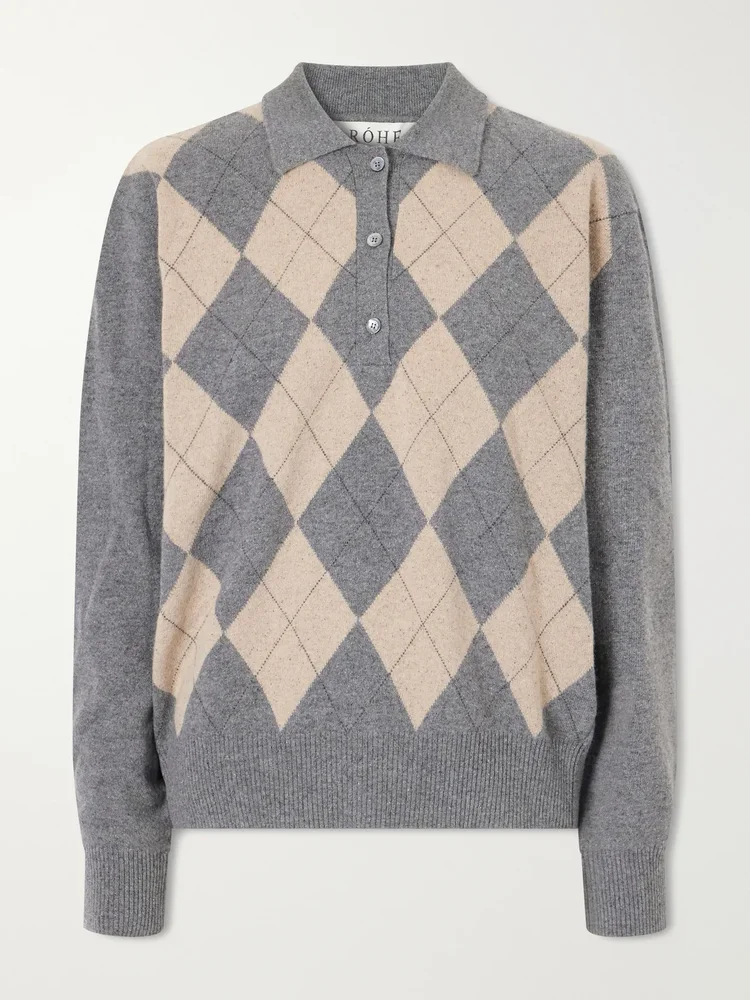 Argyle cashmere, wool and silk-blend polo sweater
