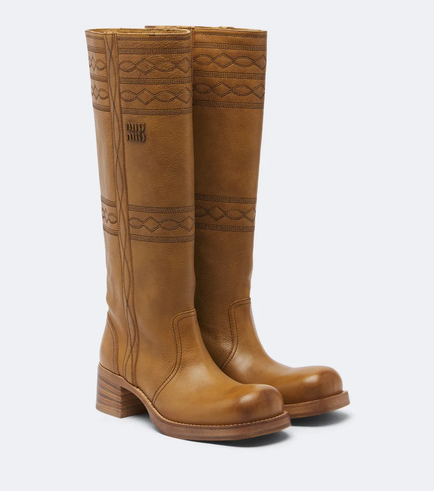 Embroidered leather knee-high boots