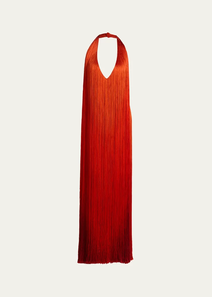 Sleeveless Fringed Plunging Halter Gown