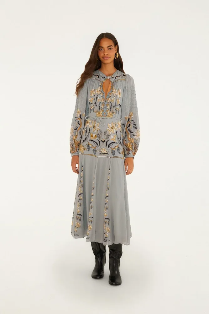 Farm Rio stained glass beauty long sleeve pleated maxi dress