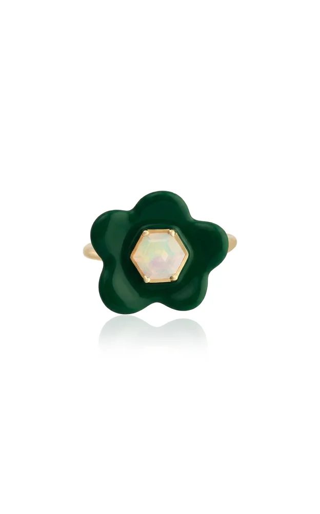 Flower Exagonal Enameled Opal Ring