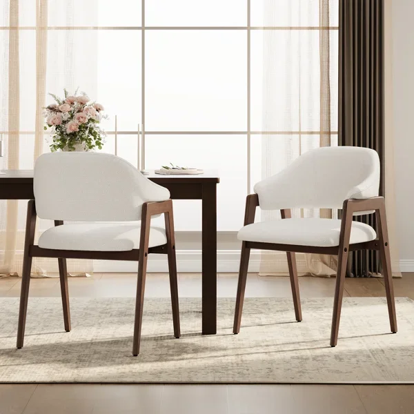 Modern Minimalist Upholstered Linen Dining Armchair with Solid Wood Legs (Set of 2)