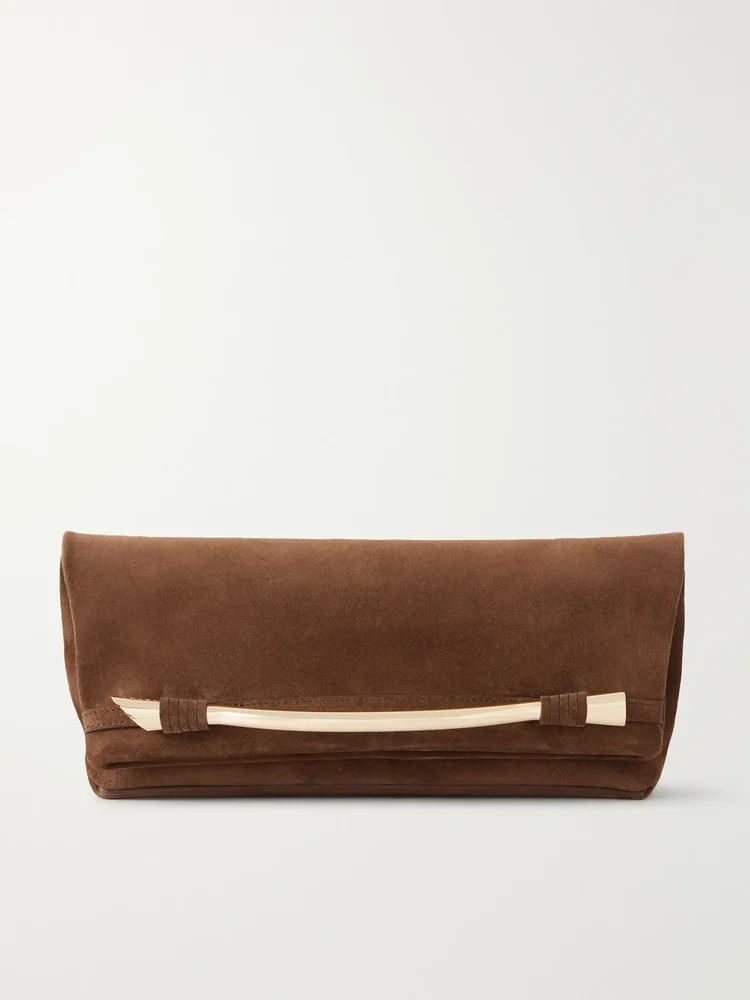 Egypt embellished leather-trimmed suede clutch