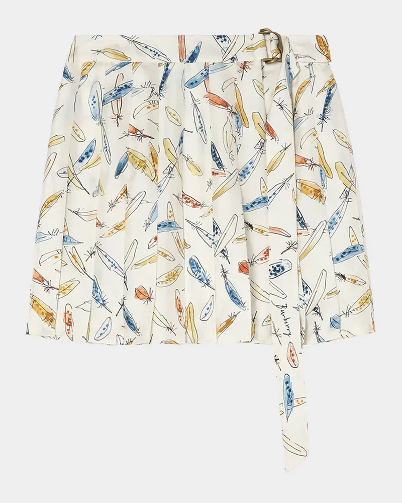 Feather-Print Silk Pleated Mini Skirt