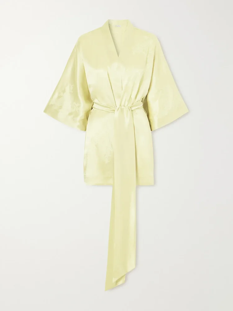 Belted embroidered silk-satin kimono