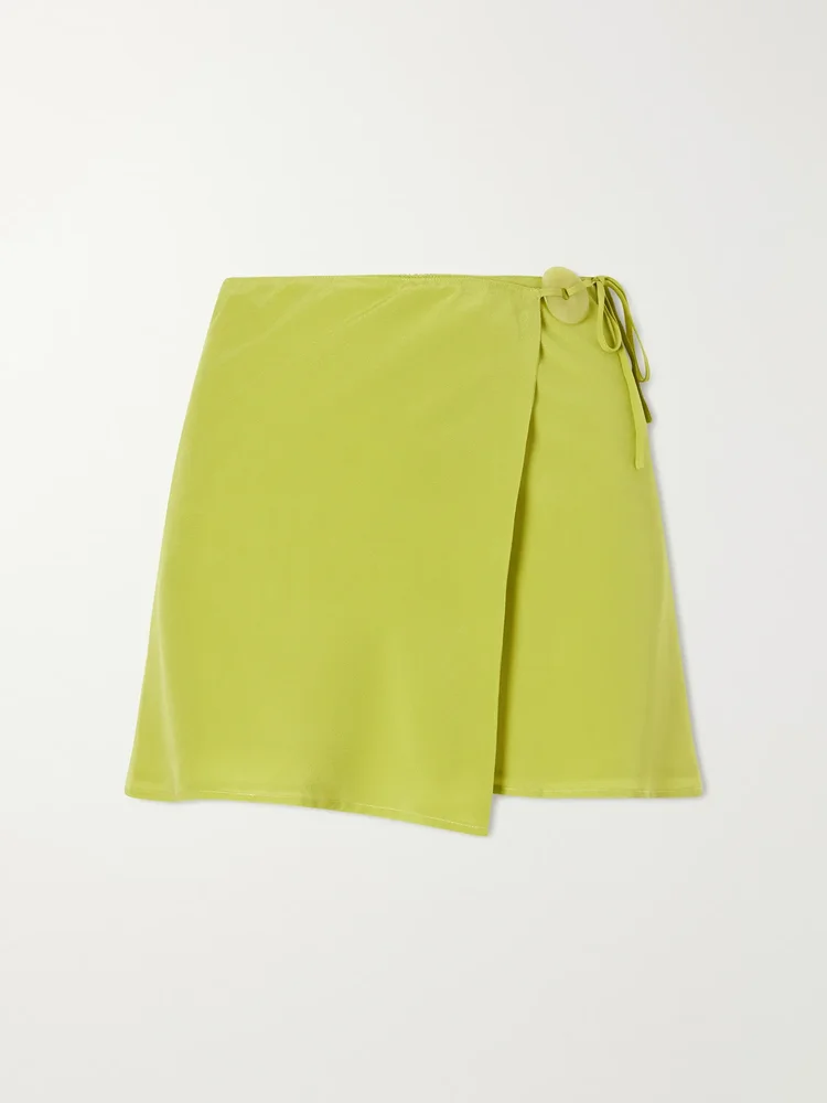 Jade-embellished silk-crepe wrap mini skirt