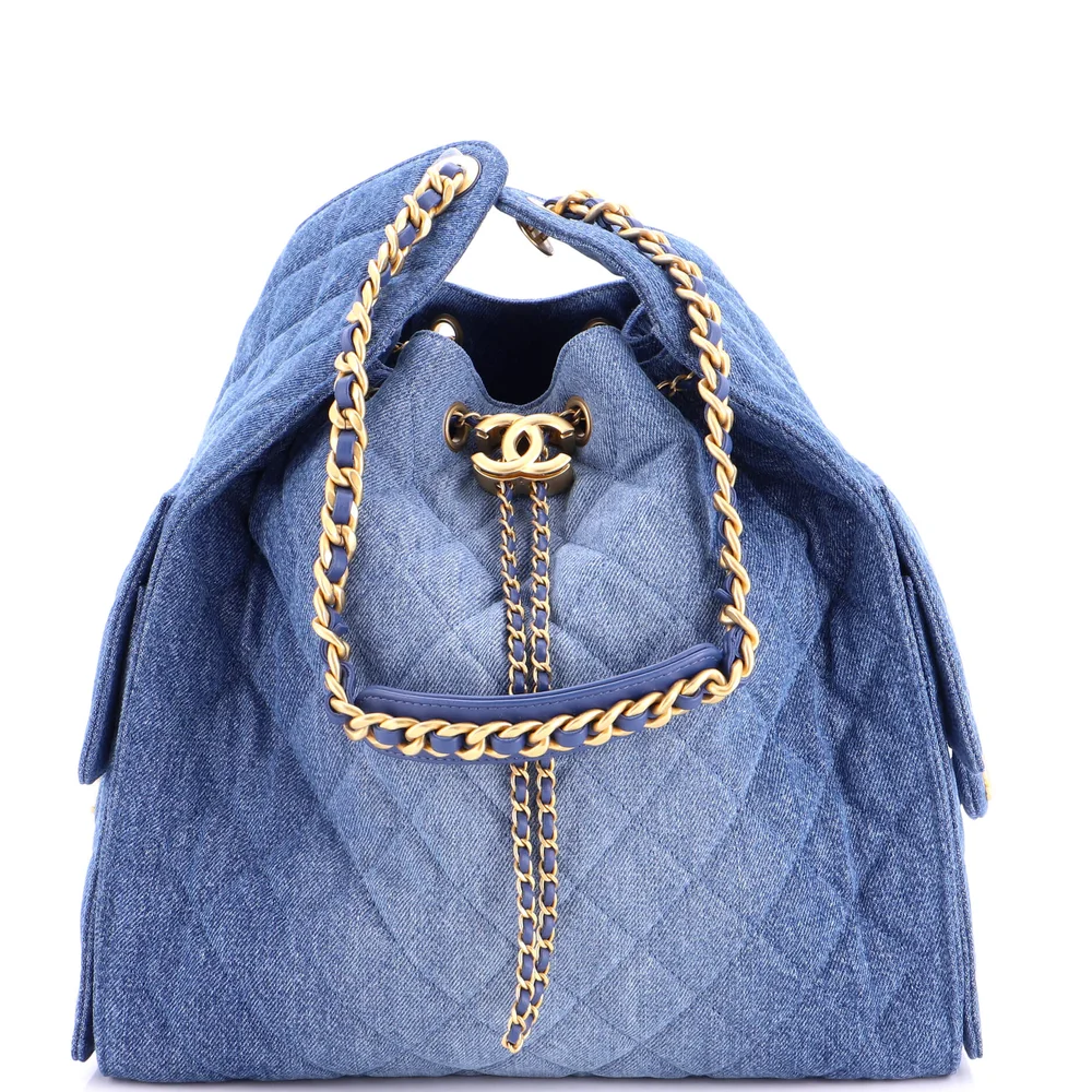 Pre-Owned 25 Hobo Bag Quilted Denim Medium in Blue, Gold Hardware