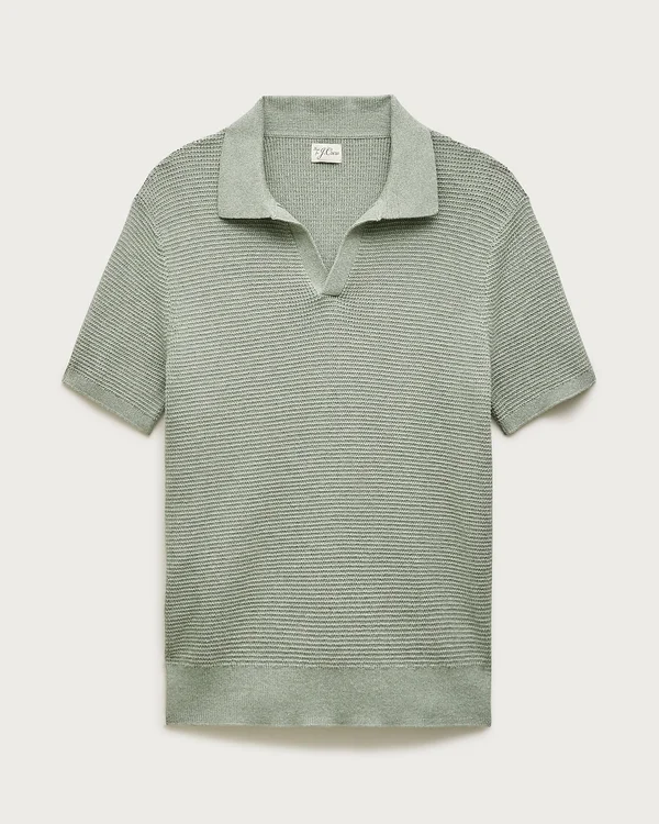 Short-sleeve Cotton Waffle-knit Johnny-collar Sweater-polo For Men