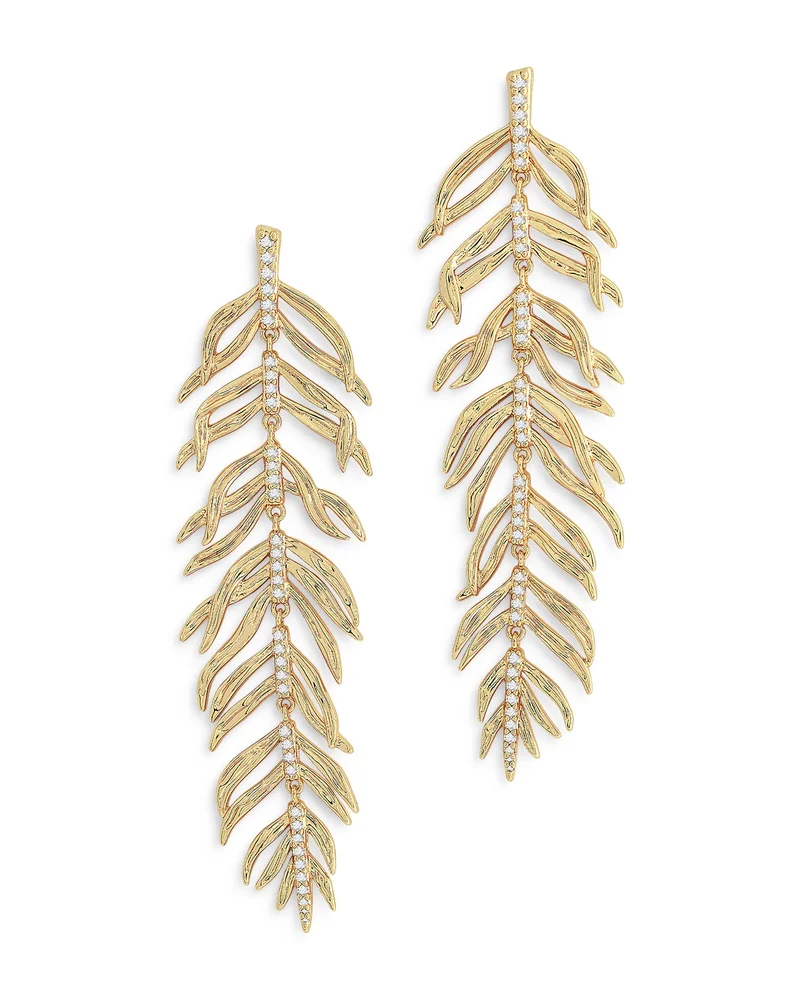 Pavé Palm Leaf Linear Drop Earrings in 18K Gold Plated