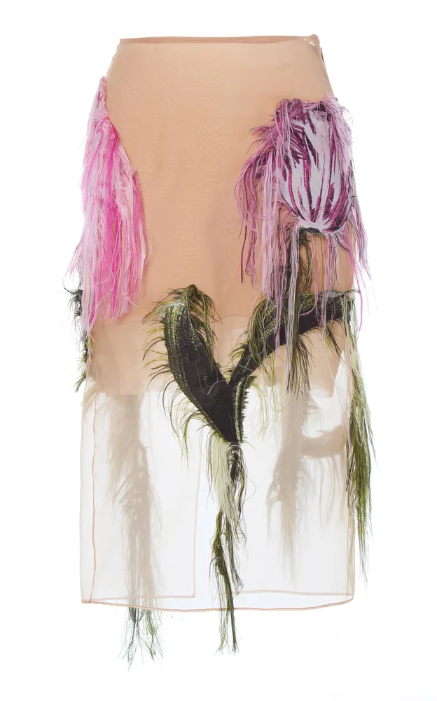 Tulip Embroidered Silk Midi SKirt