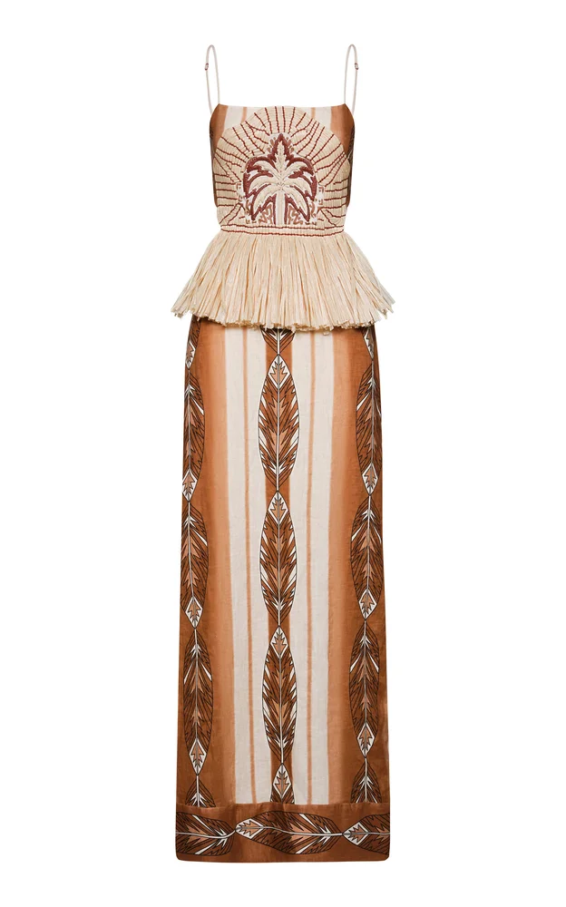 Andean Mythology Rafia-Trimmed Linen Maxi Dress