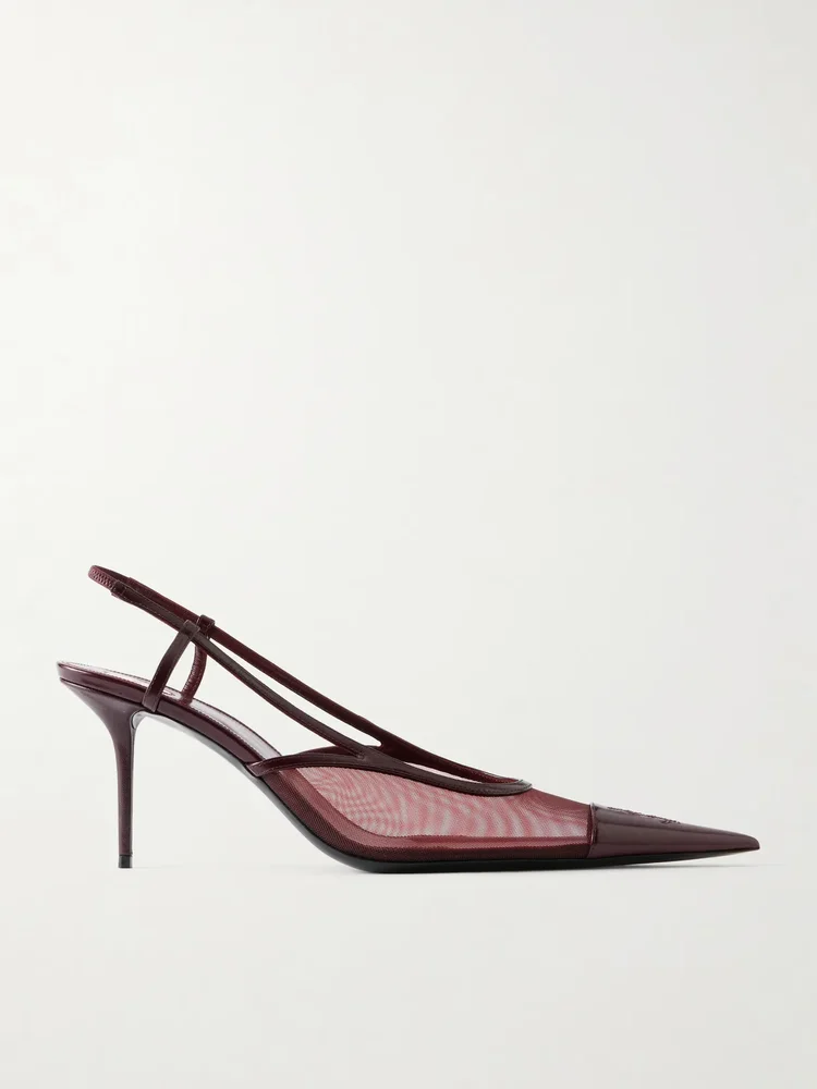 Renée Cassandre-embroidered patent leather-trimmed mesh slingback pumps