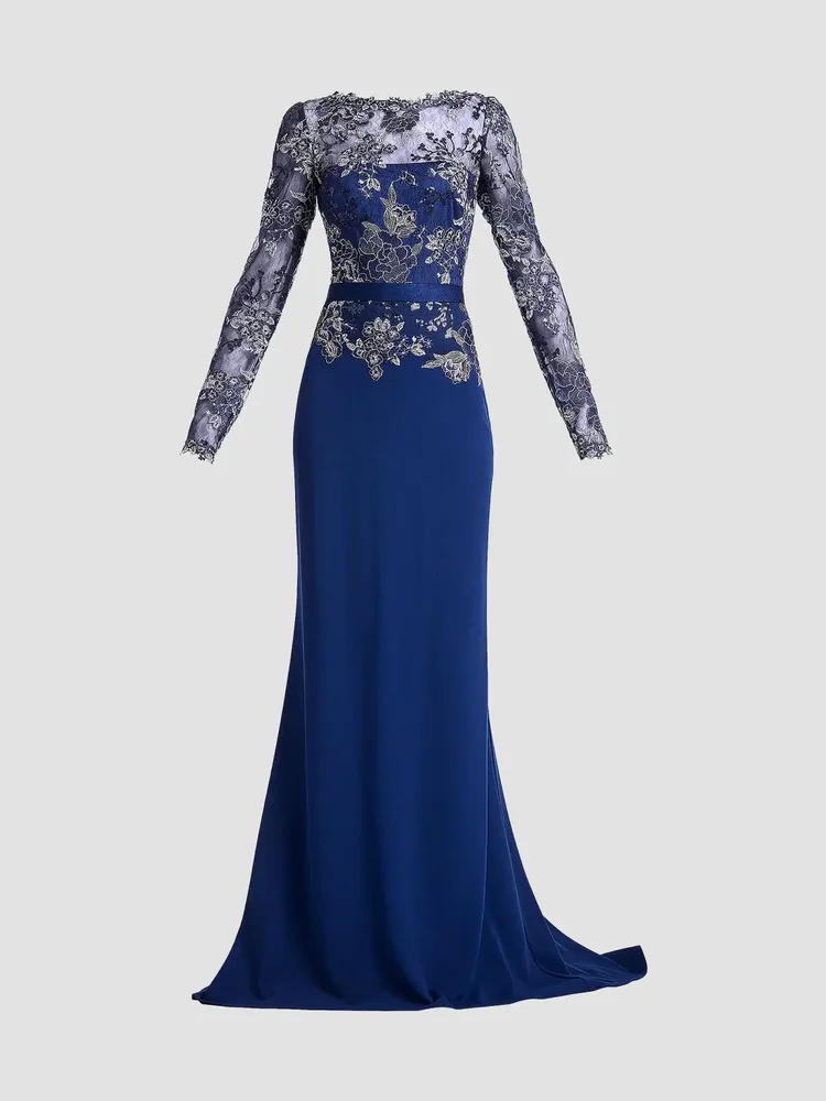 Floral-Embroidered Lace Gown
