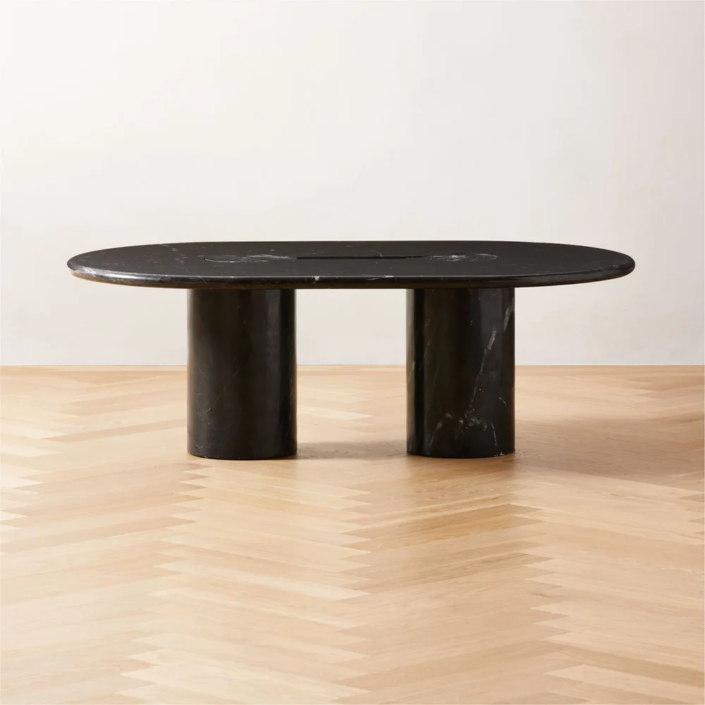 Liguria 51" Oval Black Marble Coffee Table with Black Marble Base