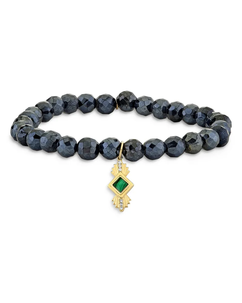 Wicked x Sydney Evan 14K Yellow Gold Malachite & Diamond Art Deco Charm Stretch Bracelet