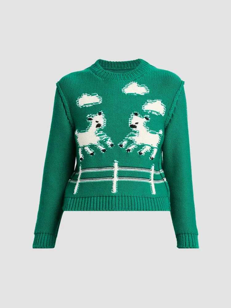 Sheep Jacquard Wool Crewneck Sweater