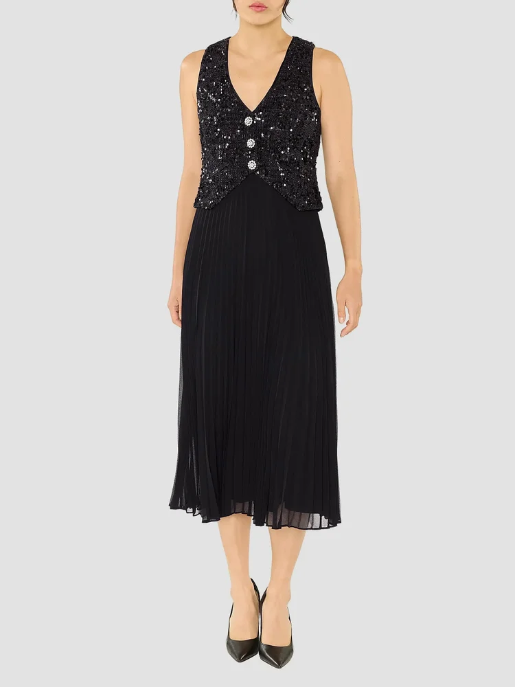Dorothea Sequin Pleated Midi-Dress