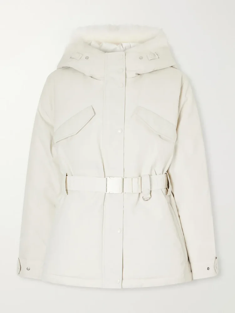 Belted shearling-trimmed shell down ski jacket