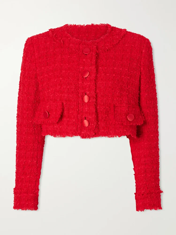 Cropped frayed cotton-blend tweed jacket