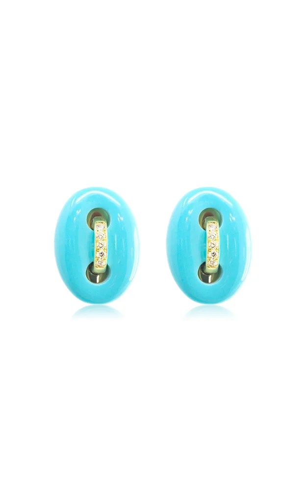 18K Yellow Gold Diamond And Turquoise Stud Earrings