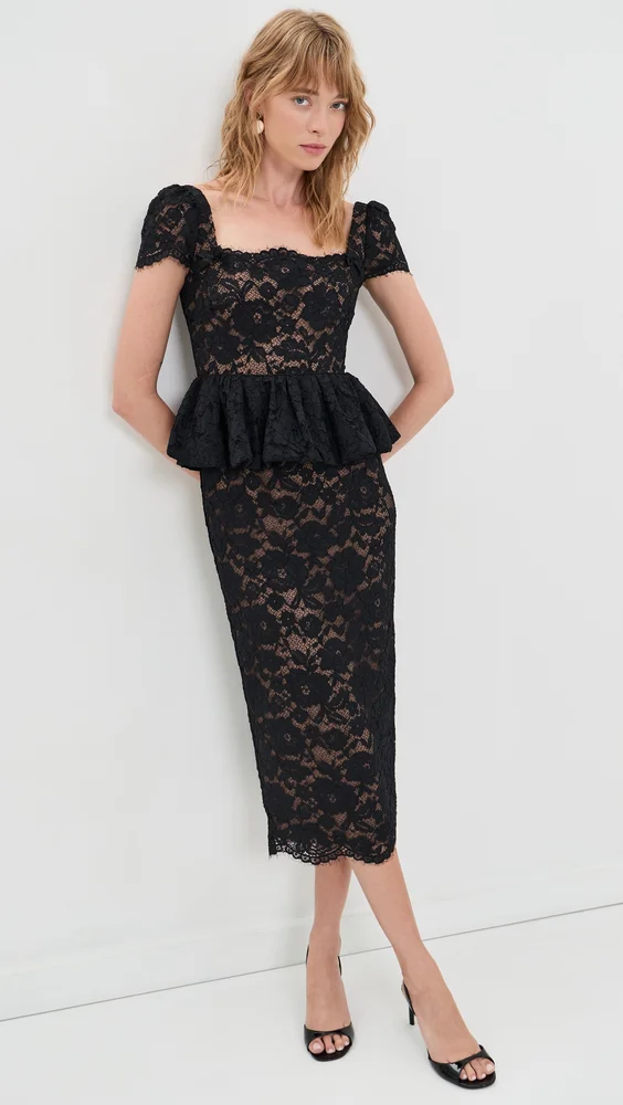 Black Fine Lace Peplum Midi Dress