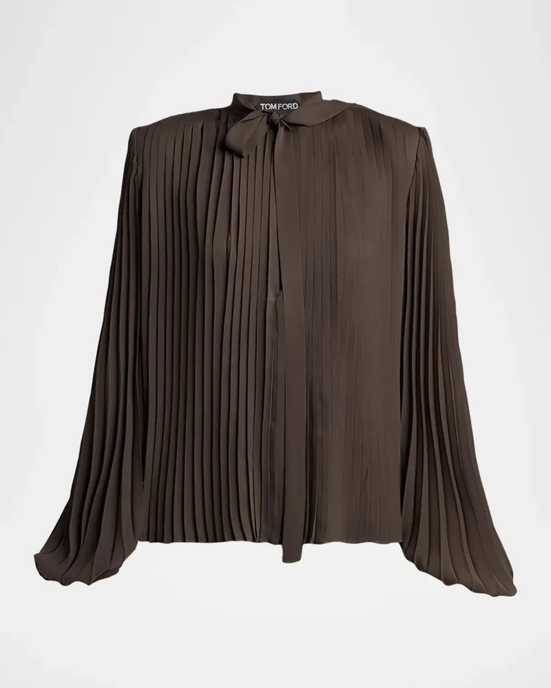 Pleated Balloon-Sleeve Neck-Scarf Blouse